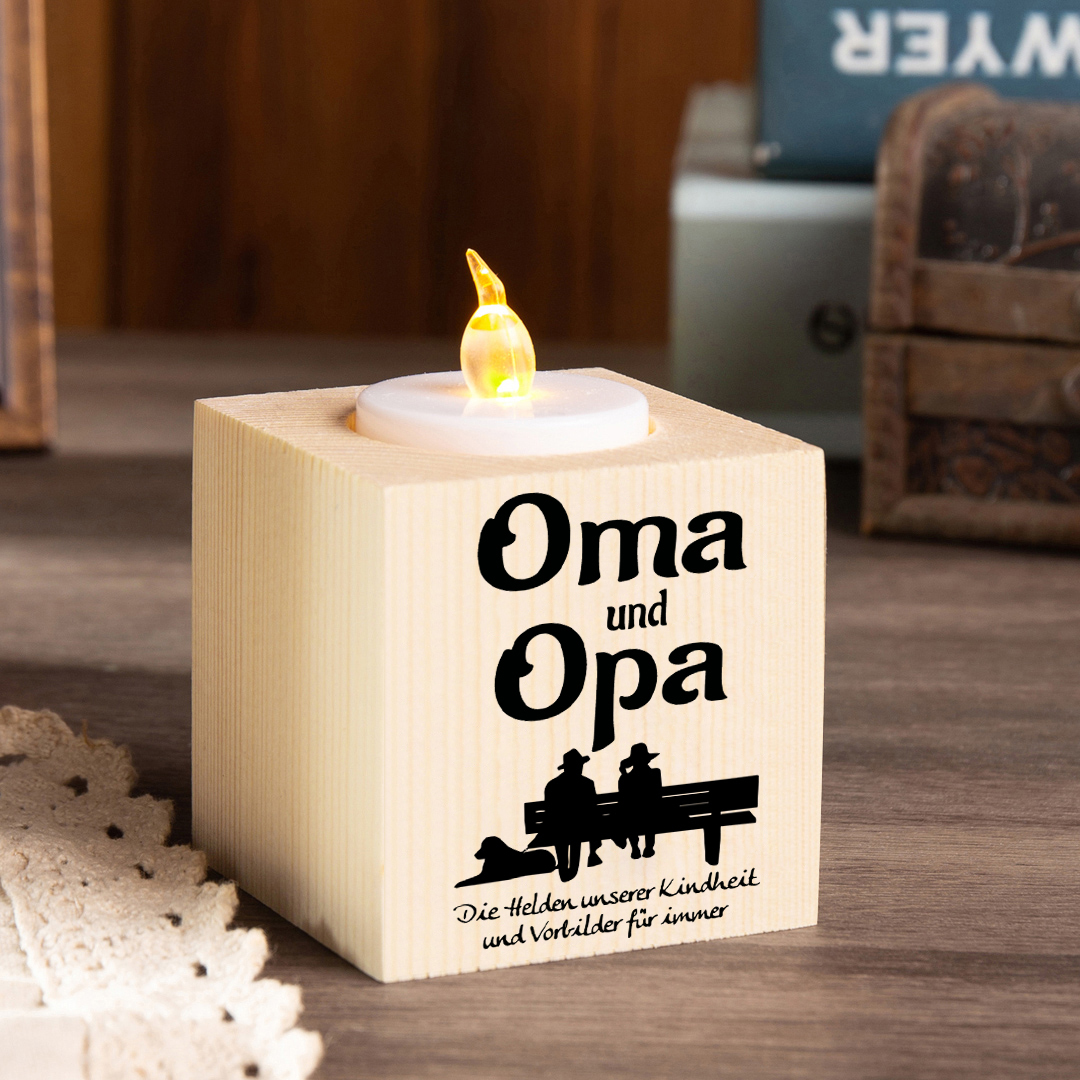 Holz Kompliment Kerzenhalter 1 bedruckte Seite-Oma und Opa Die Helden unserer Kindheit und Vorbilder für immer-Geschenk für Großmutter und Großvater