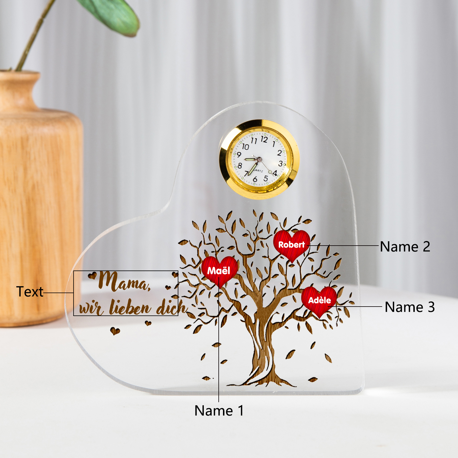 Acryl-Deko mit Uhr-Personalisierte 3 Namen & Text Familienbaum Schreibtischdekoration für Familie