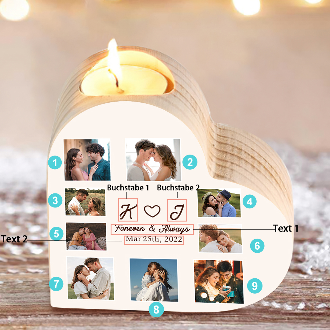 Herzform Kerzenhalter-Personalisierte 2 Texte & 9 Fotos Kerzenständer für Paare