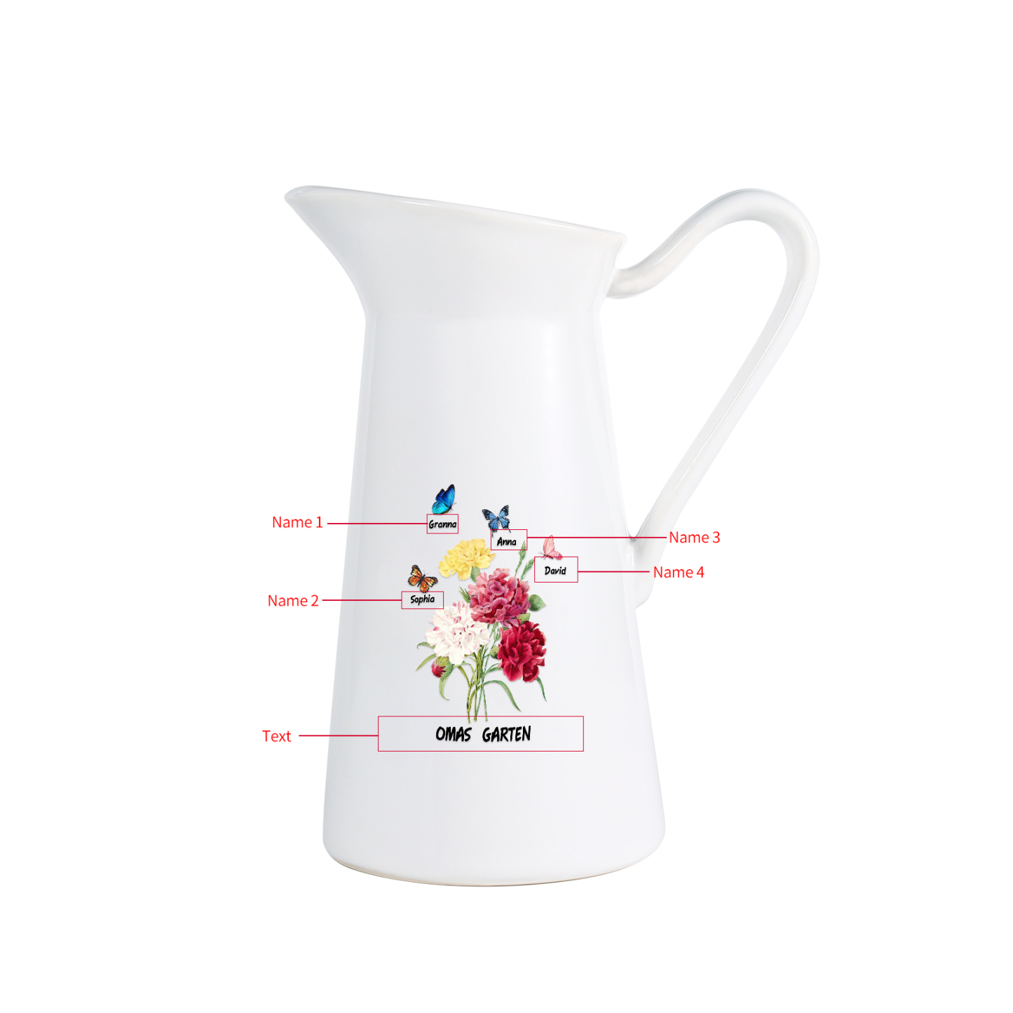 Personalisierte 4 Namen & Text Blumen & Schmetterling Gießvase mit Henkel Familie Vase