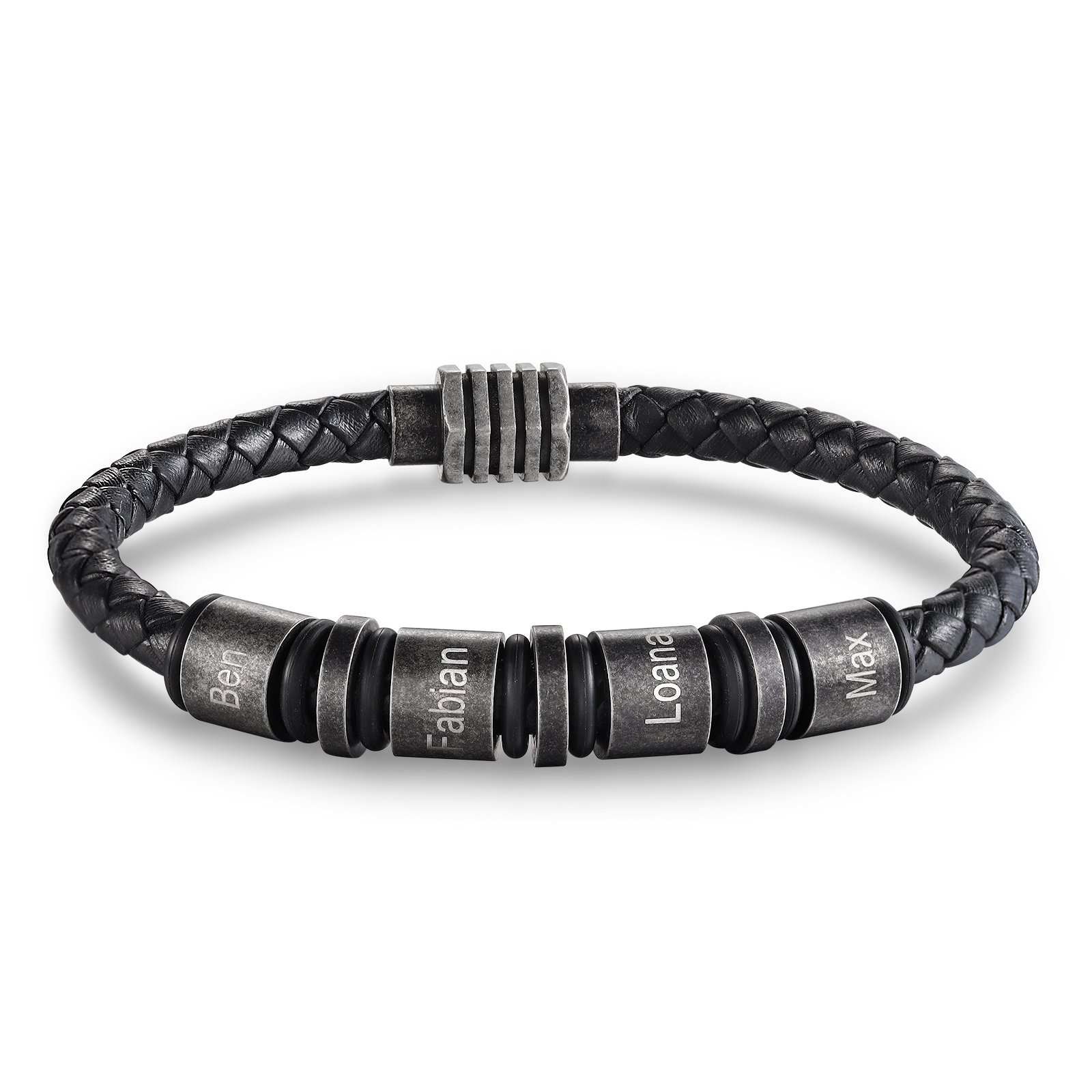 Herren Personalisierte 4 Namen Einlagiges Geflochtenes Vintage Edelstahl Perle Armband mit Magnetisch Armbandschließe