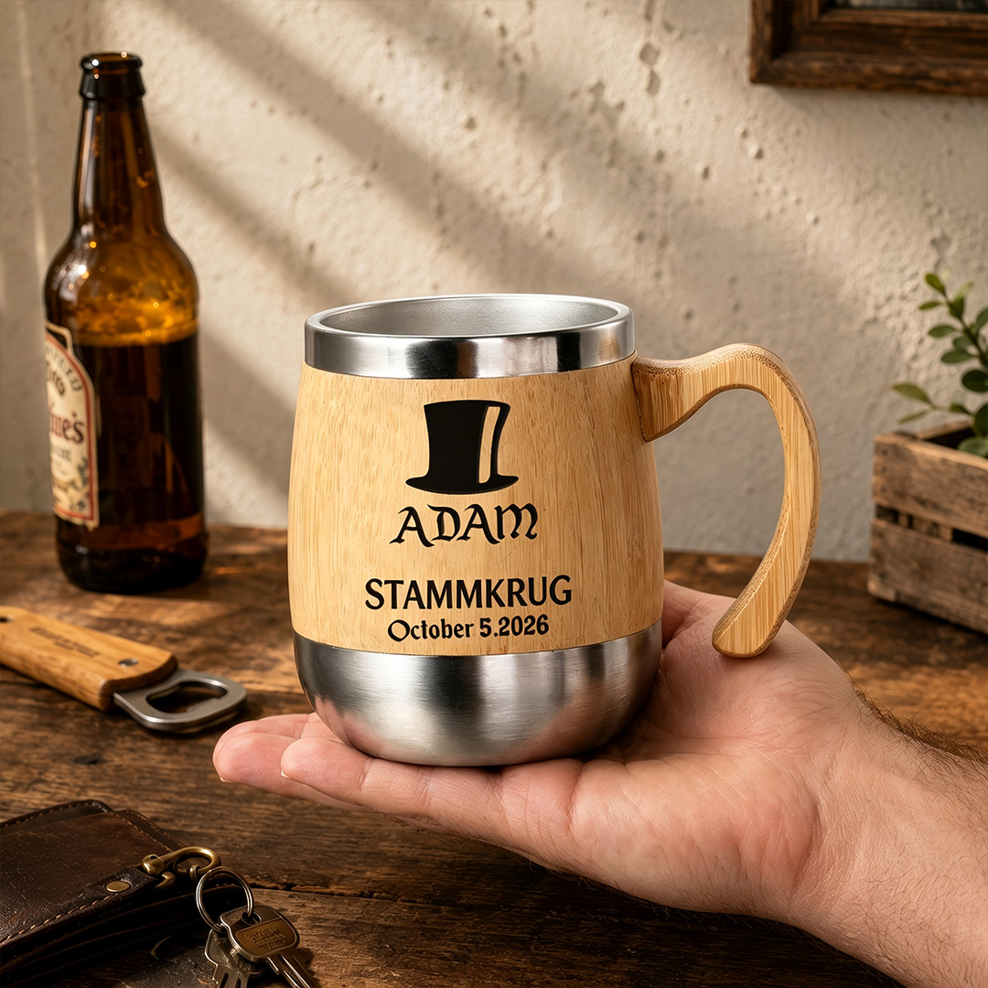 Personalisierter Bierkrug aus Holz mit Deckel Namen und Initialen Geschenk für Papa und Opa