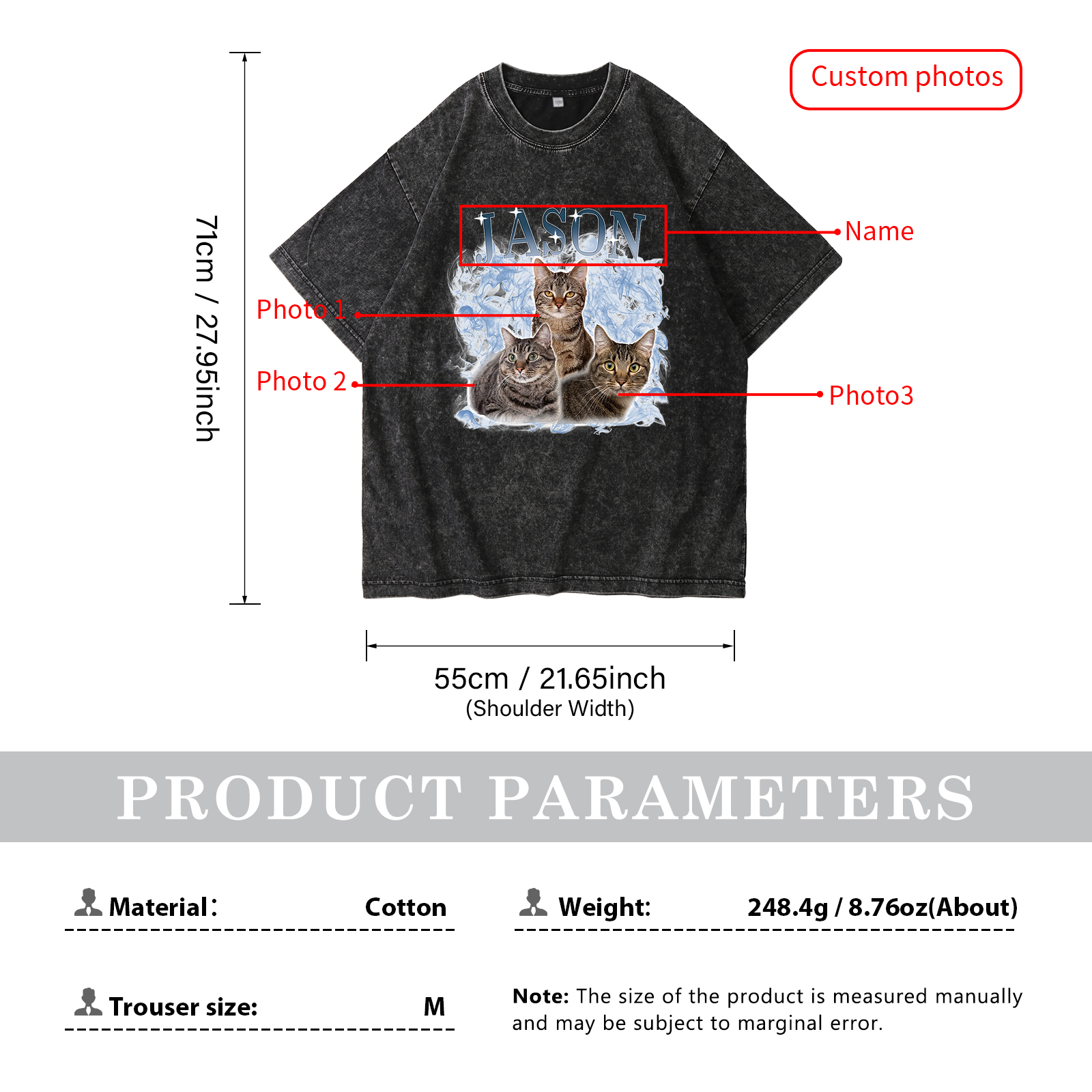 Personalisierte 3 Namen & 3 Fotos Haustier Herren Kurzarm T-Shirt