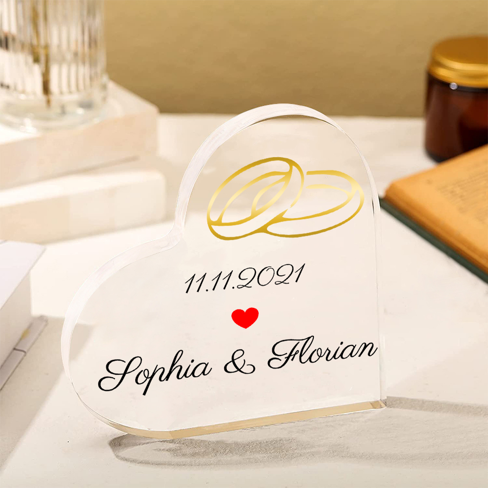Personalisierte 1 Text Acryl-Deko Paar Ringe Schreibtischdekoration Hochzeitstag Geschenk für Paar