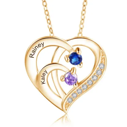 925 Sterling Silber Personalisierte 2 Namen Herz Halskette mit 2 Geburtssteinen
