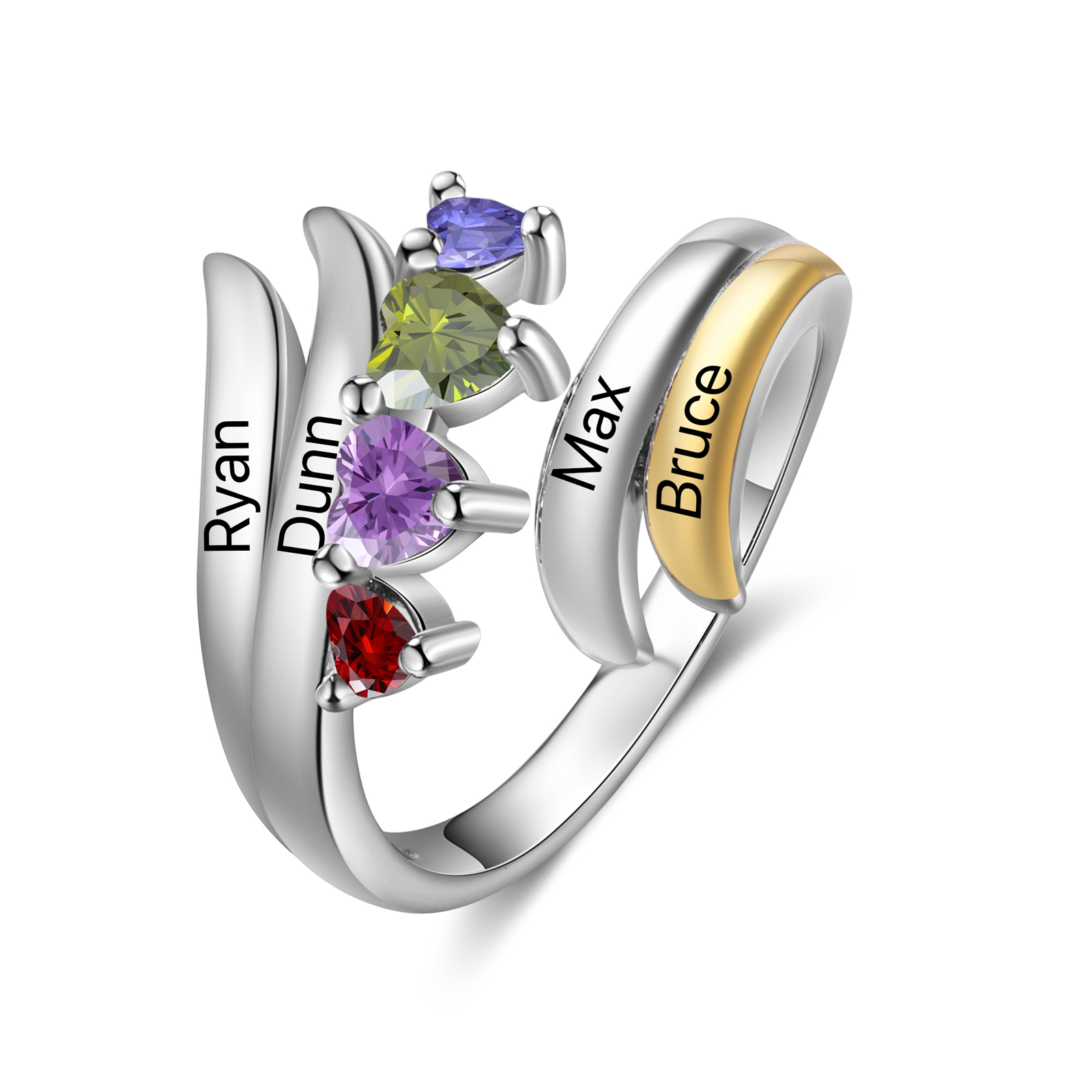Personalisierte 4 Geburtssteine & 4 Namen Offener Familie Ring