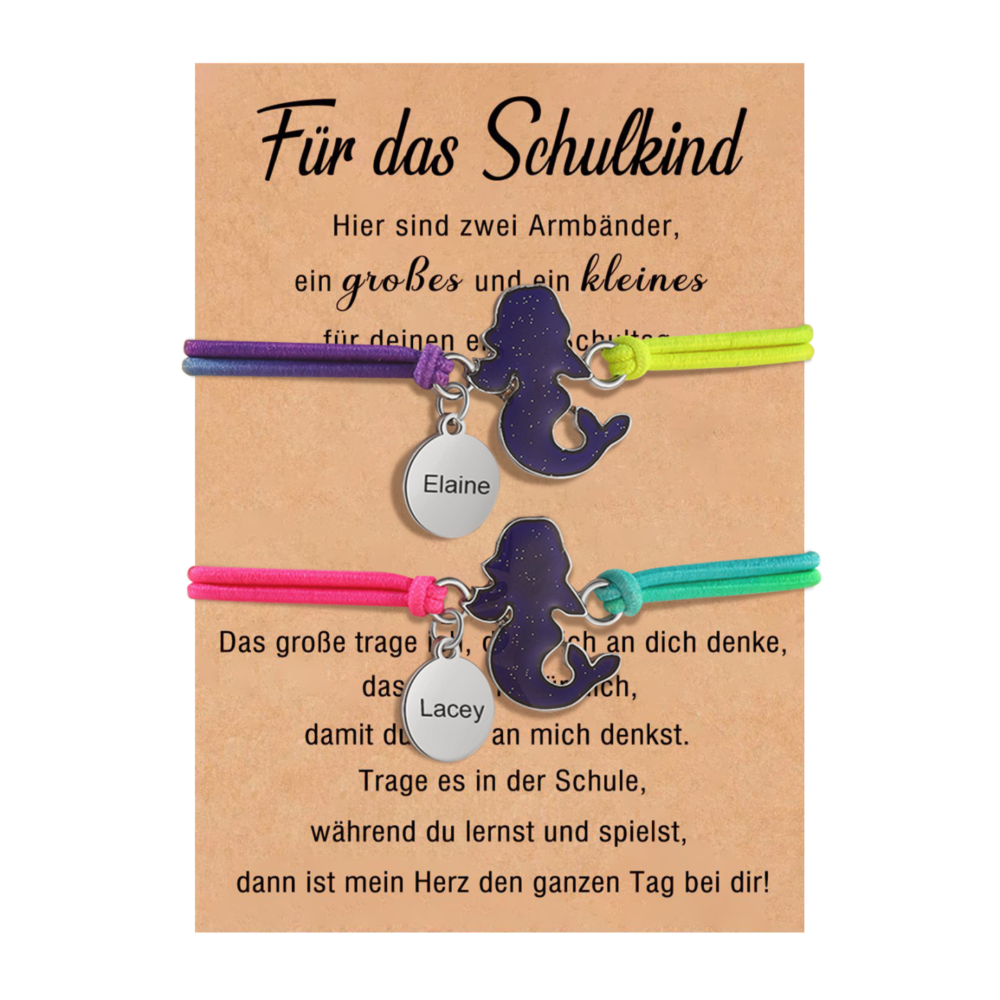 Personalisierte 2 Name Meerjungfrau Armbänder Set mit 2 Ketten Gummiband - Für das Schulkind - Schulanfang Geschenk