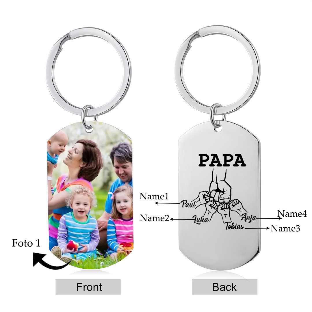 Personalisierbares Foto & 4 Namen Papa Faust Schlüsselanhänger-Geschenk für Vater