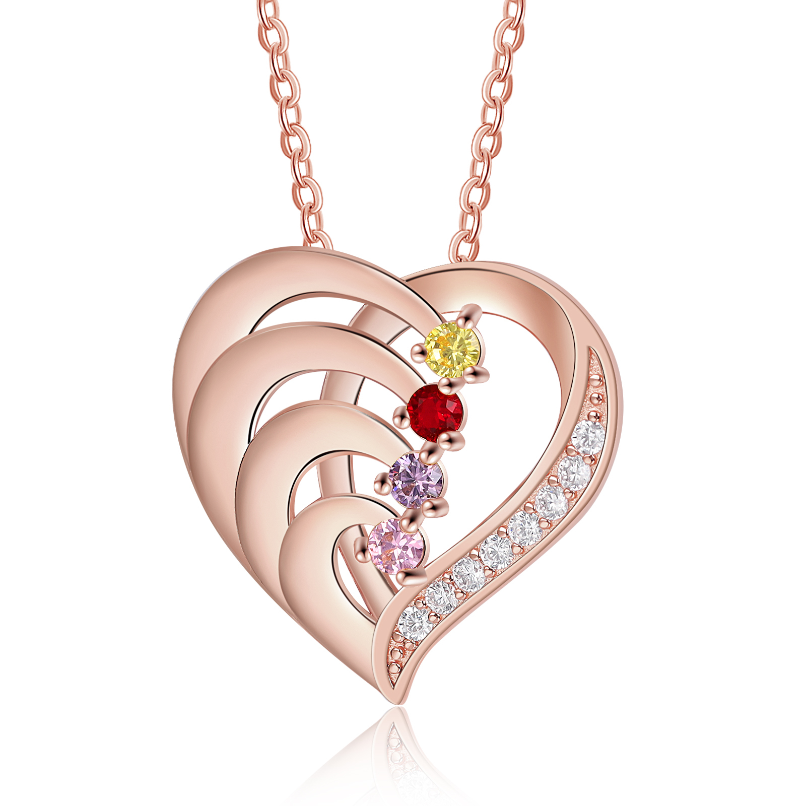 S925 Sterling Silber Personalisierte Herz Halskette 4 Namen und 4 Geburtssteine