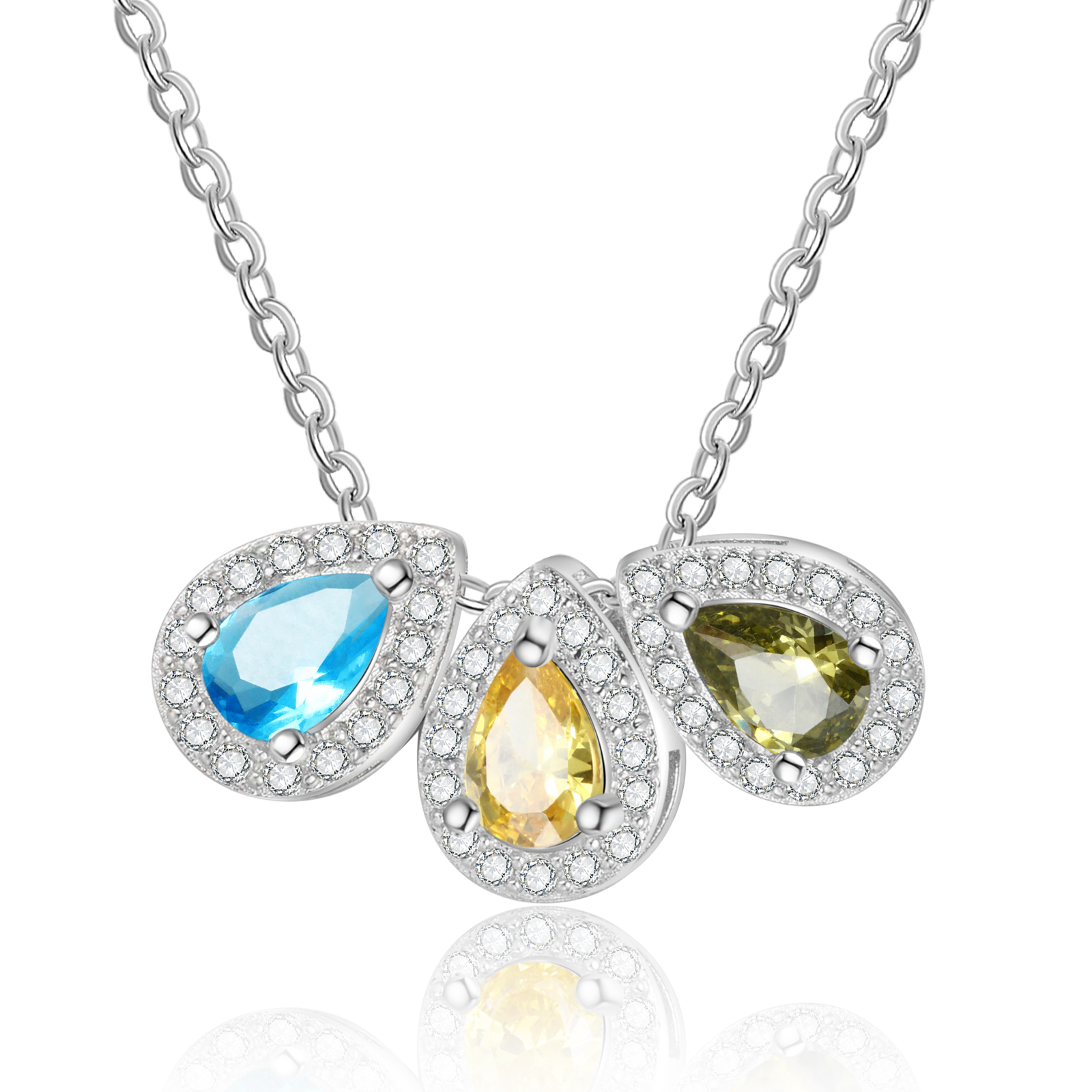 Personalisierte 3 Geburtssteine Birnenschnitt Halskette mit Zirkonia