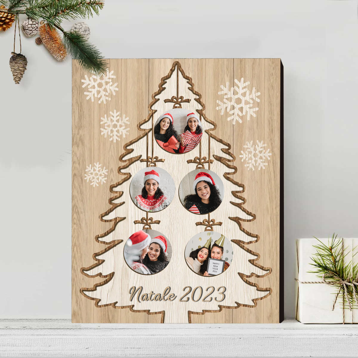 Familie Holzbild - Personalisierter Text & 5 Fotos Weihnachtsbaum Holzdekoration