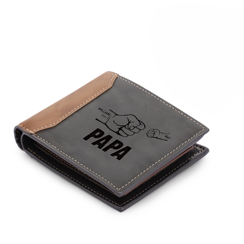 Herren Personalisiertes Foto & 2 Namen Papa Faust Grau Leder Geldbörse-Geschenk für Vater