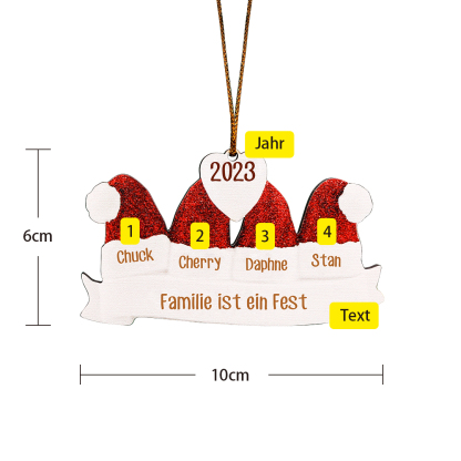 Holz Personalisierte 4 Namen & Text & Jahr Weihnachtsmütze Weihnachtsornament Weihnachtsbaum Anhänger