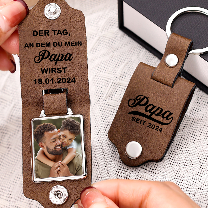 Personalisiertes Foto & Datum & Jahr-Der Tag, an dem du mein Papa wirst-Leder Schlüsselanhänger für Vater