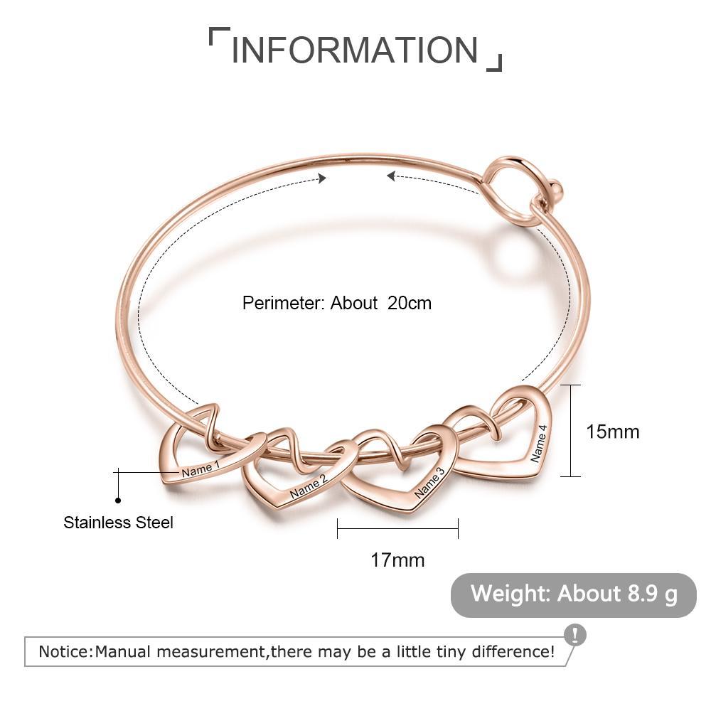 Gravur 4 Namen Herz Armband Armreif mit Herzanhängern