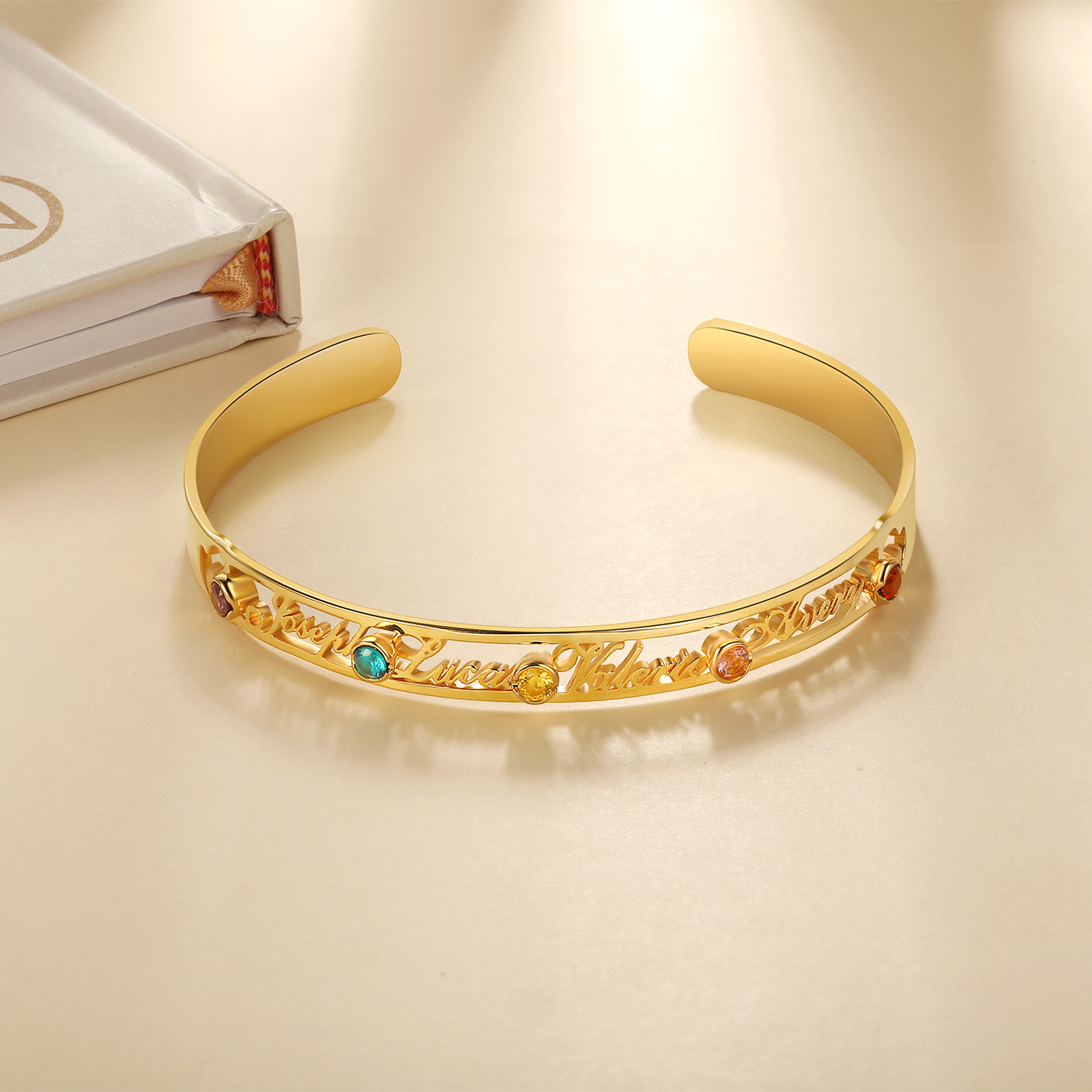 Gravur 4 Namen Golden Armband mit 5 Geburtssteinen
