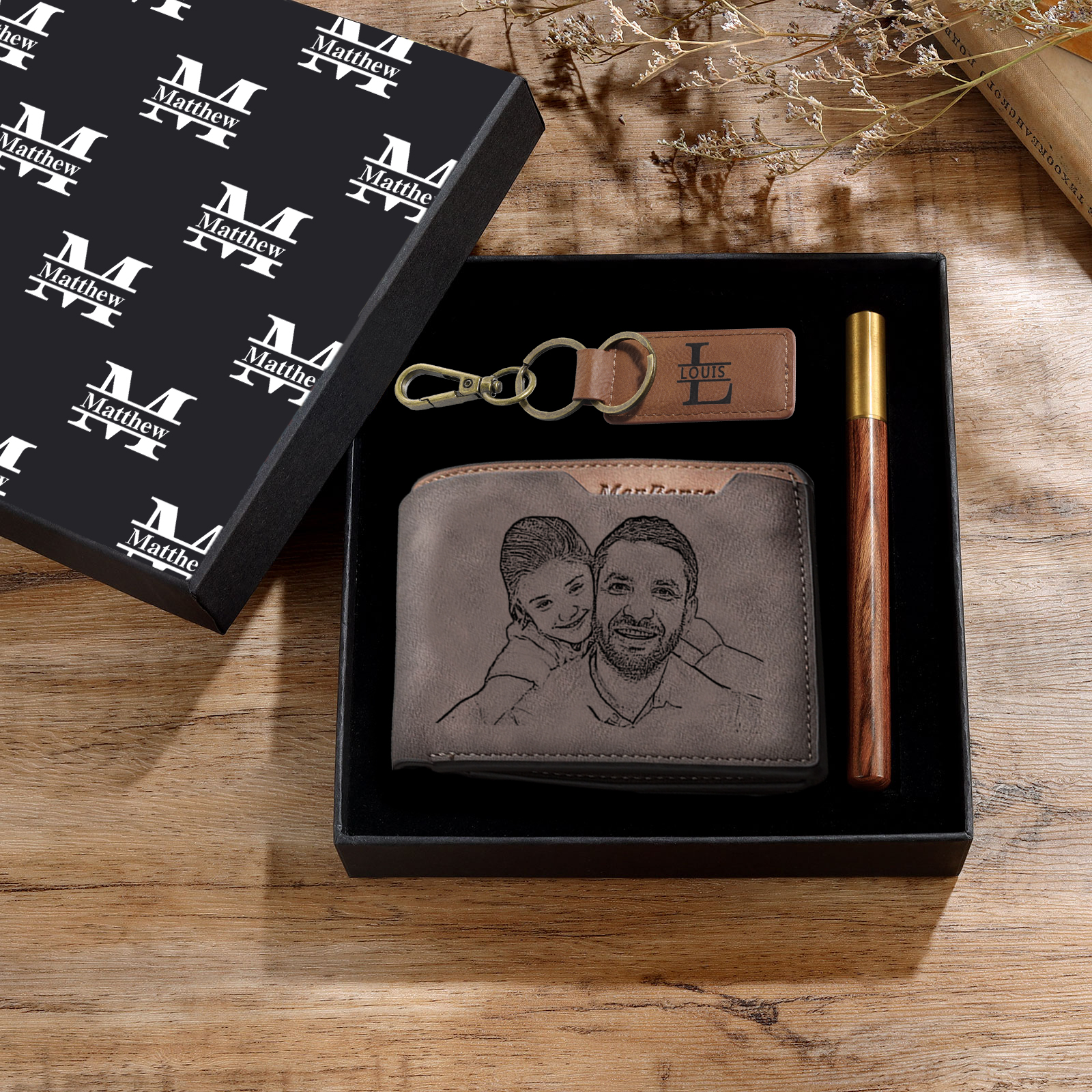 Personalisierter 1 Text & 1 Foto & 2 Namen & 2 Buchstaben Geldbörse & Schlüsselanhänger & Stift Geschenkpackung Geschenkset