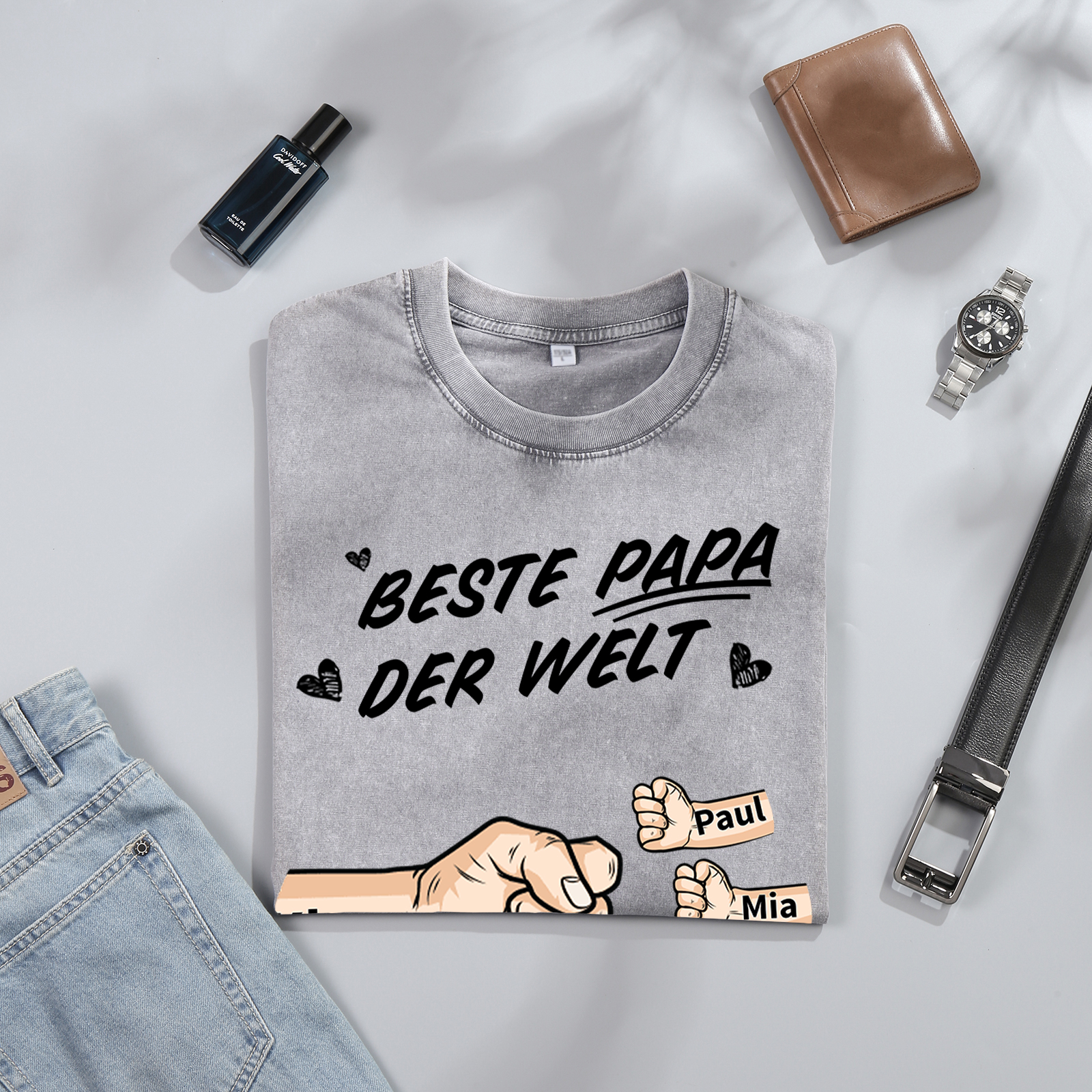 Personalisierte 1-6 Namen Fauststoß Bester Papa der Welt Herren Familie T-Shirt 