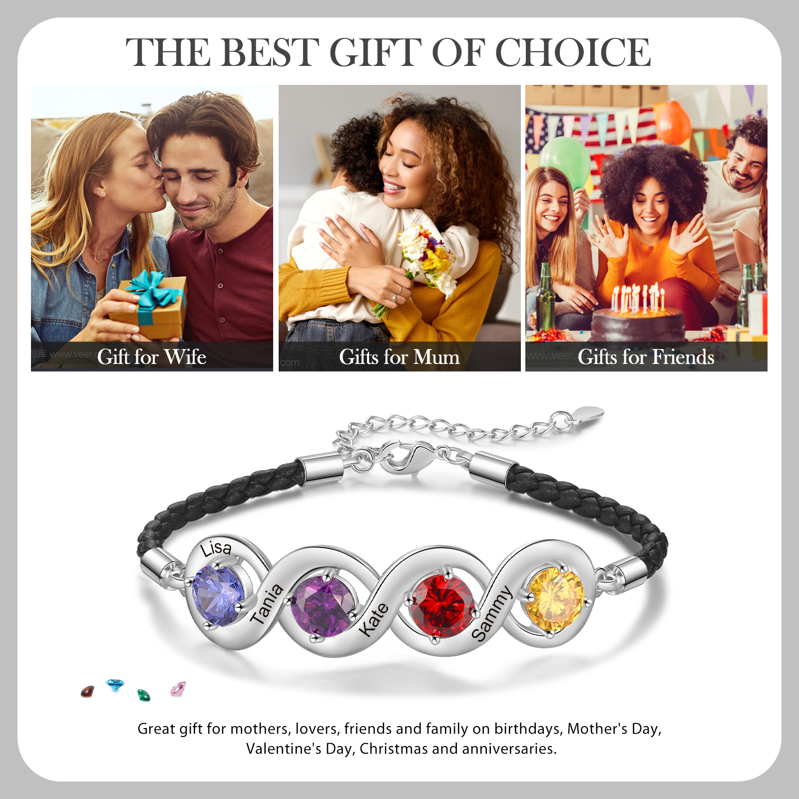 Personalisierte 4 Namen & 4 Geburtssteine Infinity Handseil Armband
