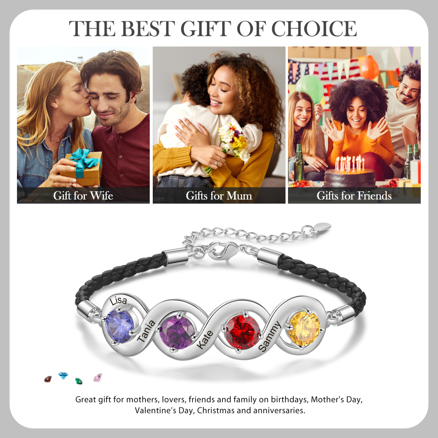Personalisierte 4 Namen & 4 Geburtssteine Infinity Handseil Armband