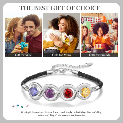 Personalisierte 4 Namen & 4 Geburtssteine Infinity Handseil Armband