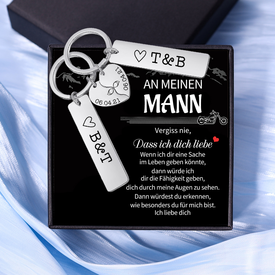 Personalisierbar 2 Buchstaben & Datum- Herz Paar Metall Schlüsselanhänger-An meinen Mann-Geschenk mit Nachrichtenkarte