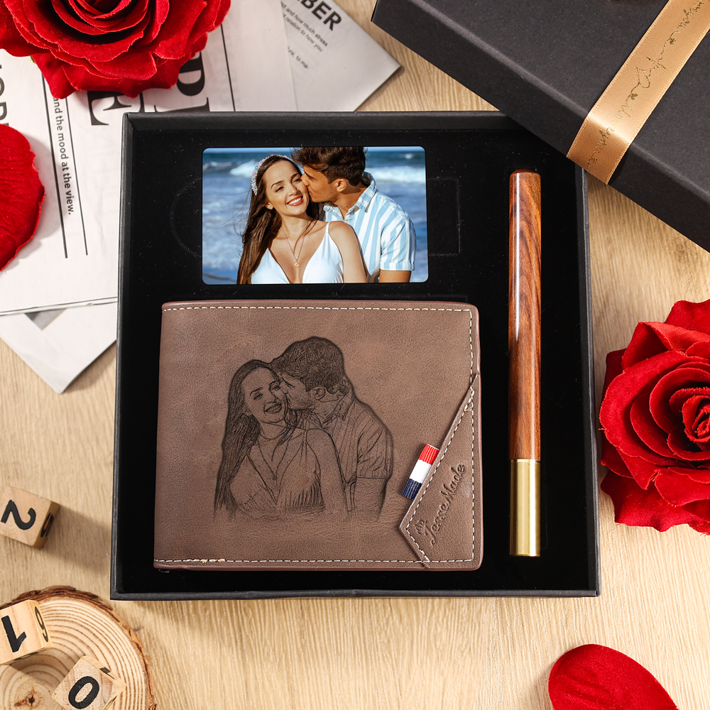 Personalisiertes Foto & Name & Buchstabe Herren Geldbörse & Foto & Text Geldbörse Karte & Stift Geschenkbox Set für Mann/ Freund
