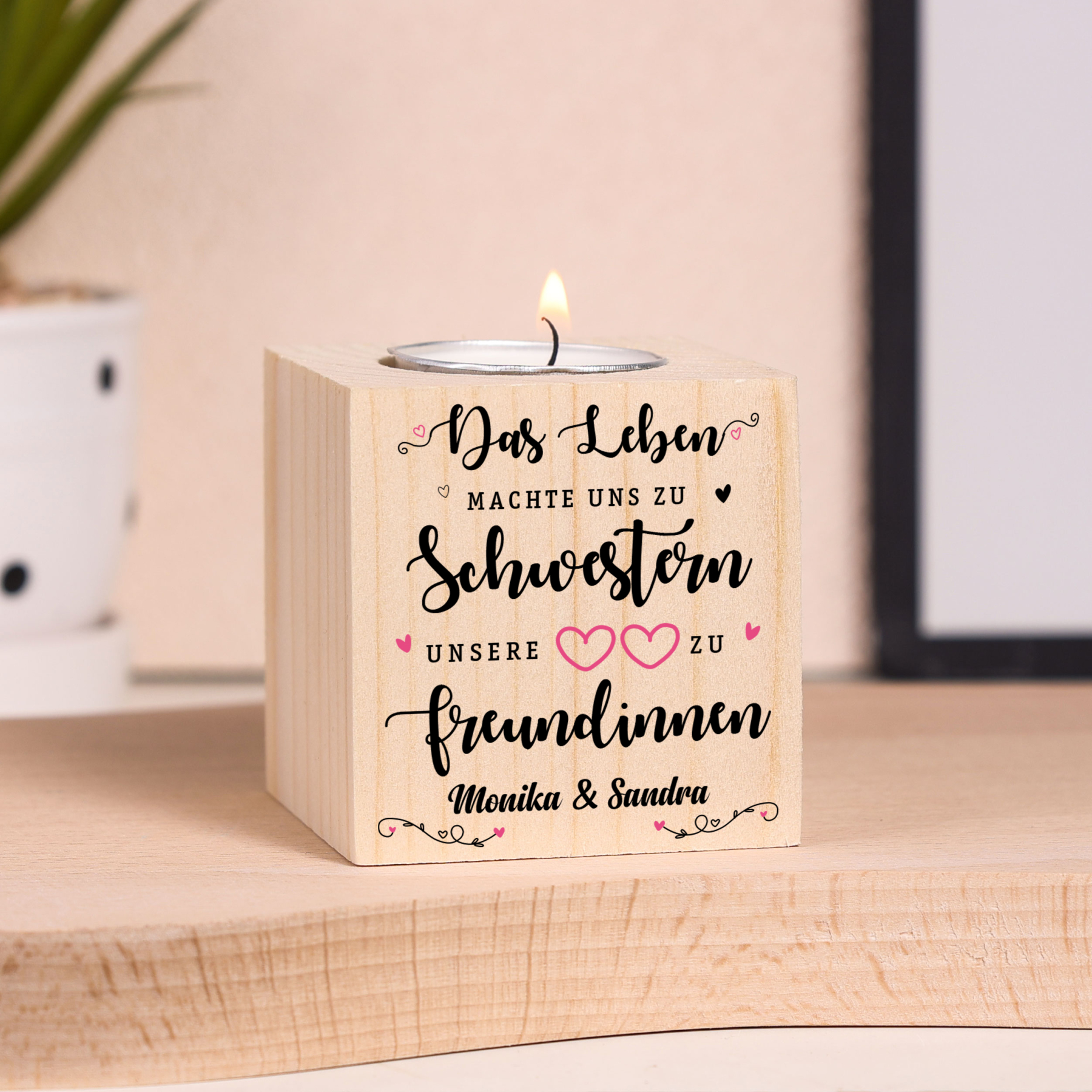 Holz Kompliment Kerzenhalter 1 bedruckte Seite Personalisierter Text-Unsere Herzen machen uns zu Freundinnen-Geschenk für Schwester