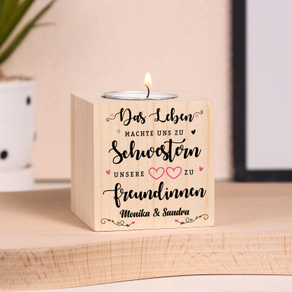 Holz Kompliment Kerzenhalter 1 bedruckte Seite Personalisierter Text-Unsere Herzen machen uns zu Freundinnen-Geschenk für Schwester