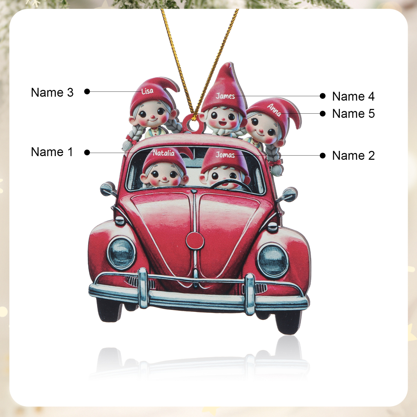 Personalisierter roter Wagen der Elfenfamilie als Weihnachtsschmuck aus Holz