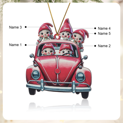 Personalisierter roter Wagen der Elfenfamilie als Weihnachtsschmuck aus Holz