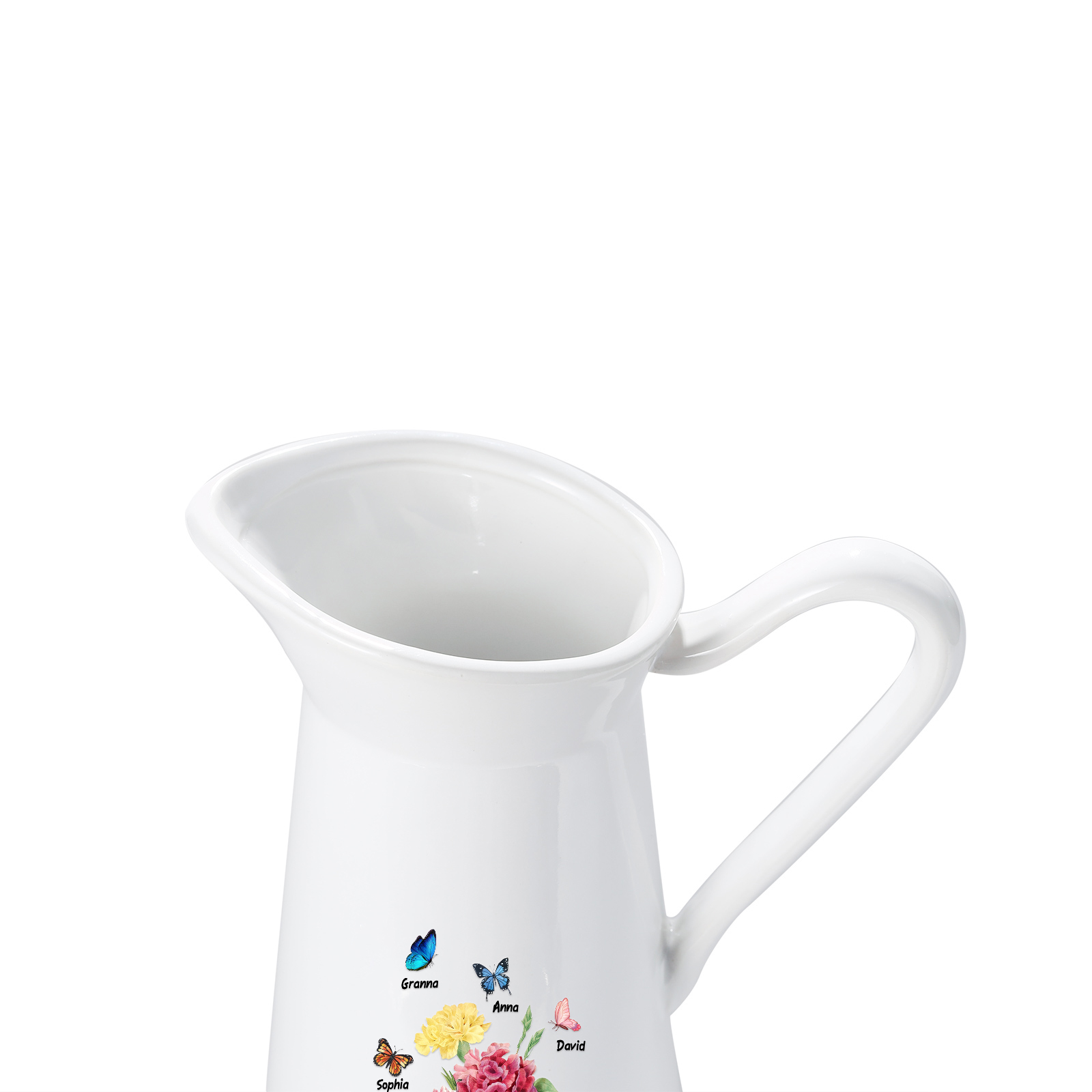 Personalisierte 4 Namen & Text Blumen & Schmetterling Gießvase mit Henkel Familie Vase