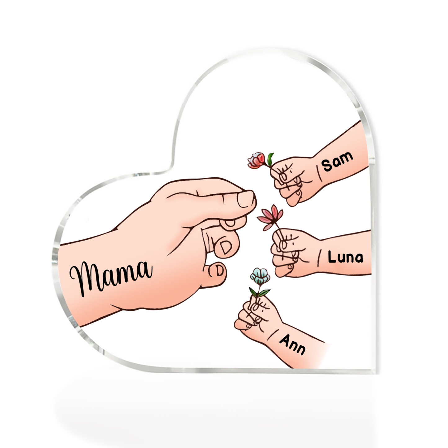 Personalisierte 4 Namen Mama Hand Familie Acryl-Deko Schreibtischdekoration für Mutter