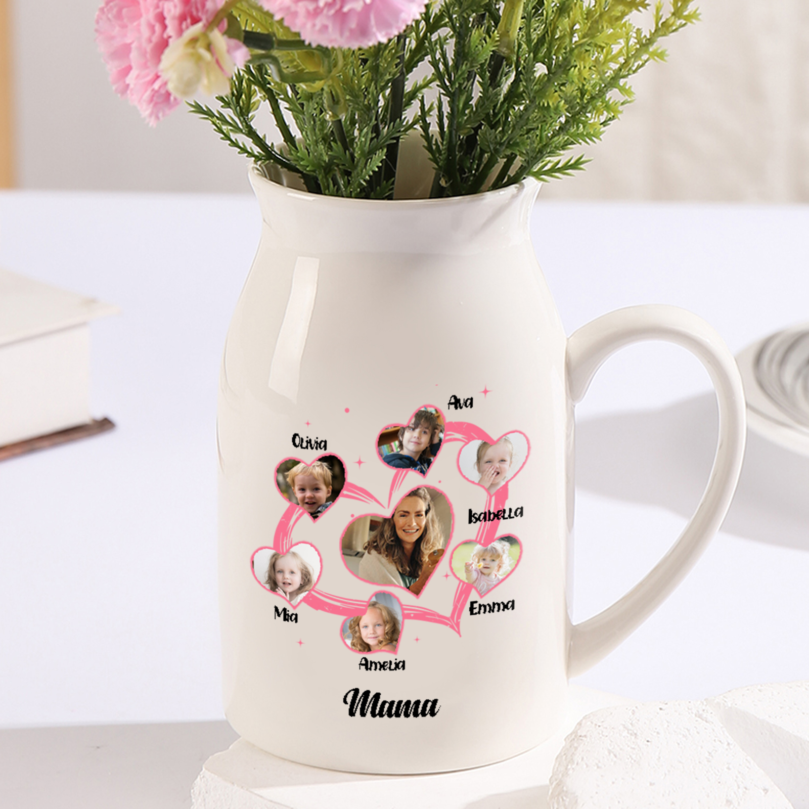 Personalisierte 6 Namen & 7 Foto & Text Herz Familie Vase