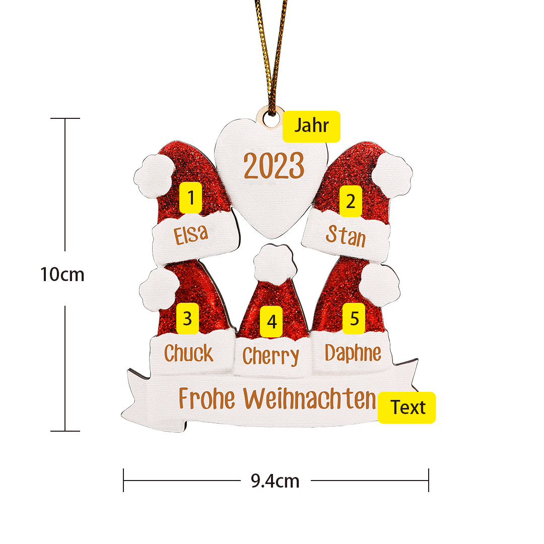 Holz Personalisierte 5 Namen & Text & Jahr Weihnachtsmütze Weihnachtsornament Weihnachtsbaum Anhänger