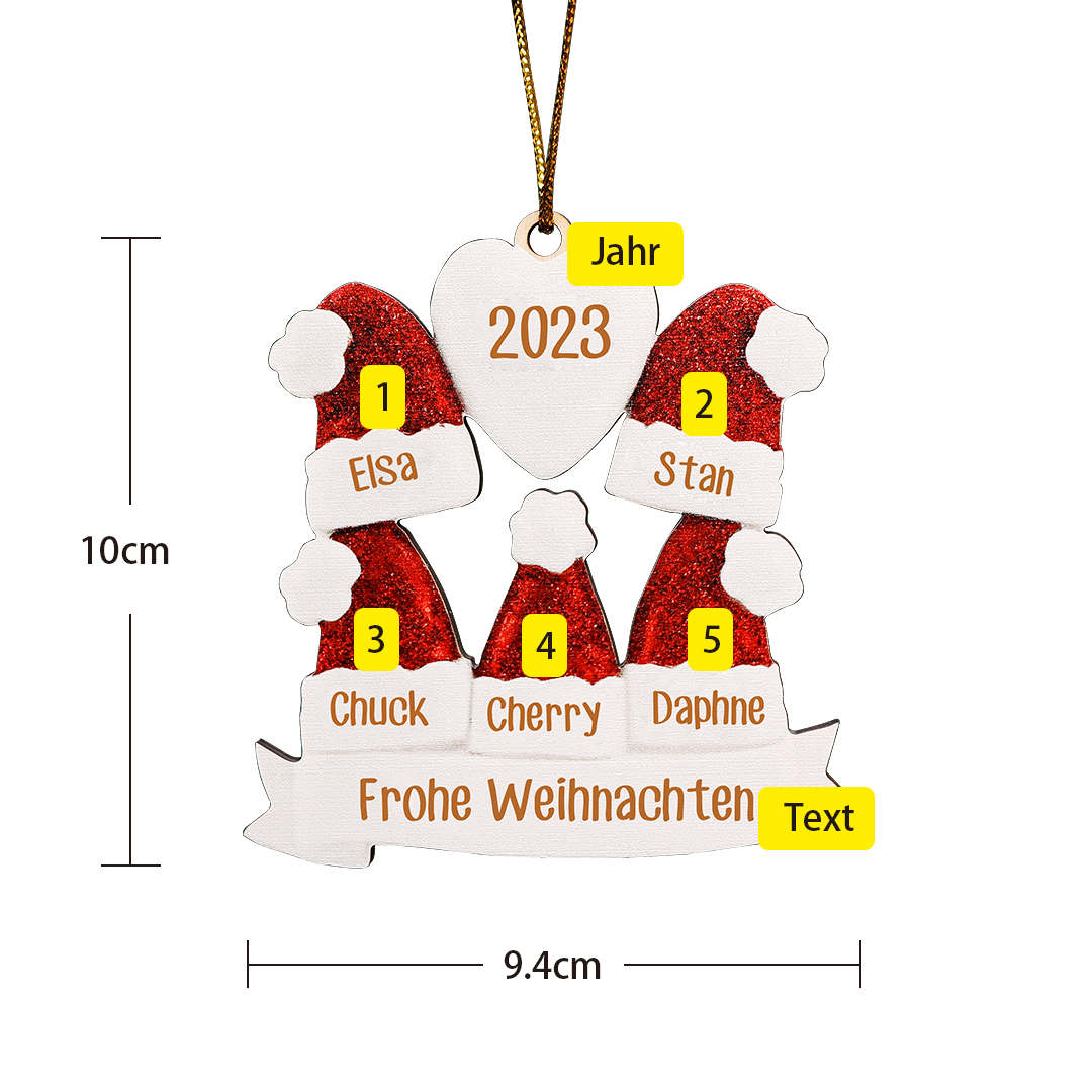 Holz Personalisierte 5 Namen & Text & Jahr Weihnachtsmütze Weihnachtsornament Weihnachtsbaum Anhänger
