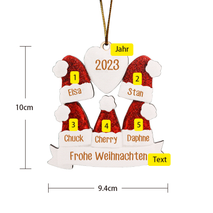 Holz Personalisierte 5 Namen & Text & Jahr Weihnachtsmütze Weihnachtsornament Weihnachtsbaum Anhänger