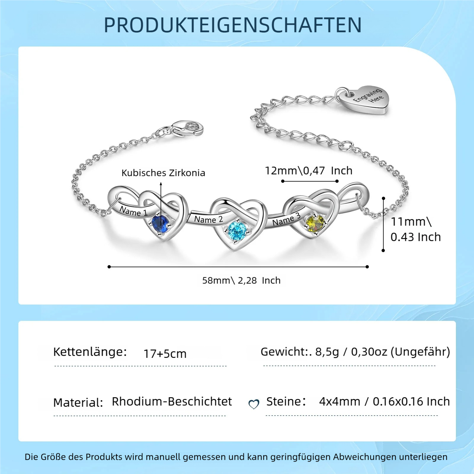 Personalisierte 2-6 Namen & Text Herz Armband mit 2-6 Geburtssteinen