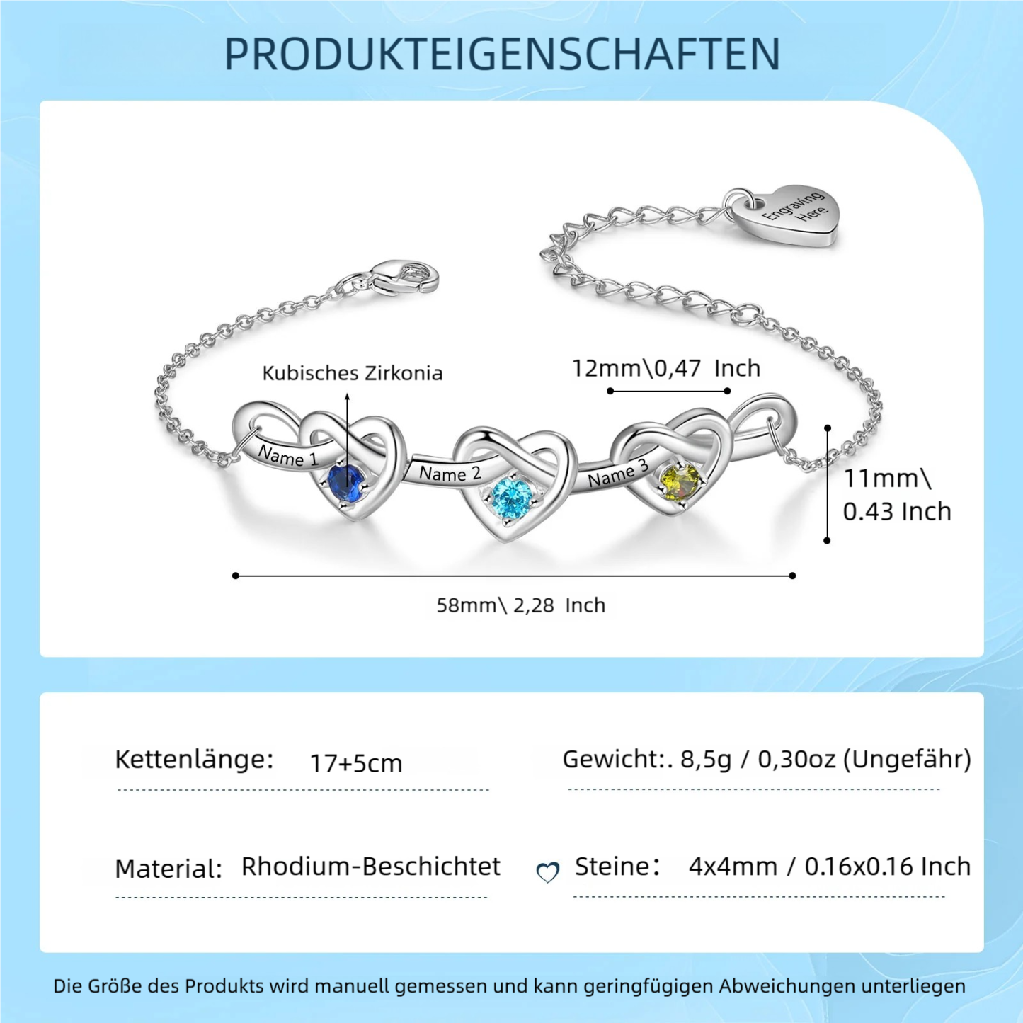 Personalisierte 2-6 Namen & Text Herz Armband mit 2-6 Geburtssteinen