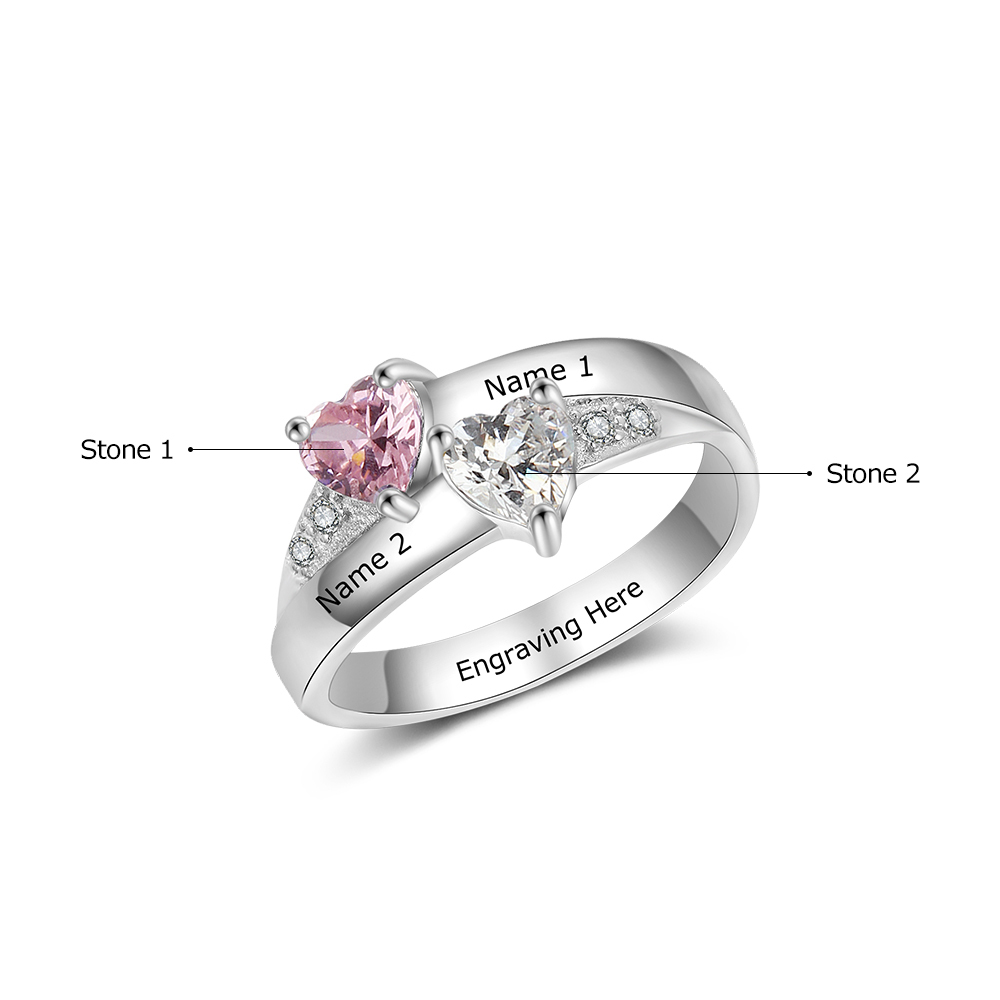 925 Sterling Silber Ring mit 2 Namen und 2 Geburtssteinen mit Gravuren