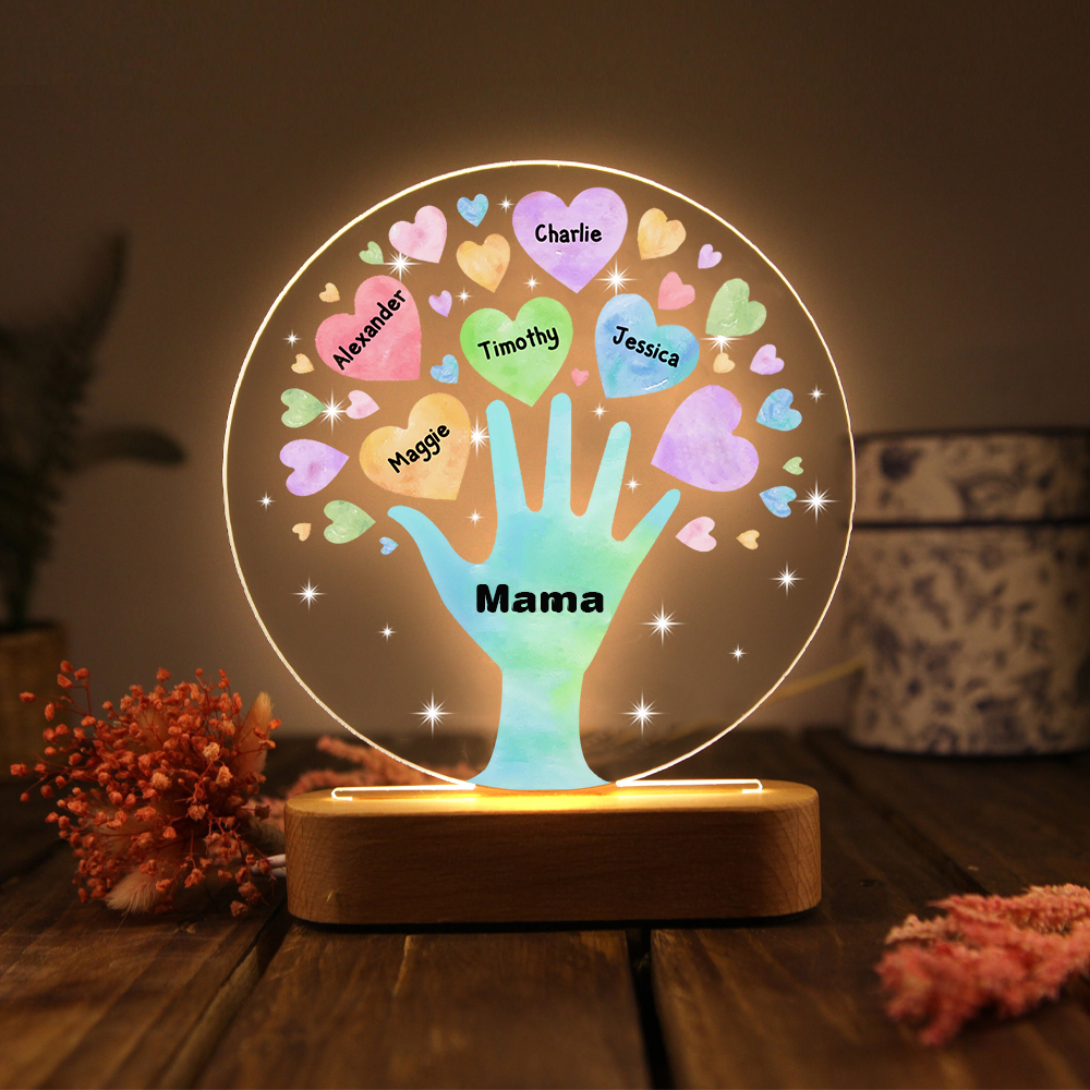 Personalisierte 5 Namen & Text Familie Hand Nachtlicht Geschenk für Großmutter/Mutter zum Muttertag