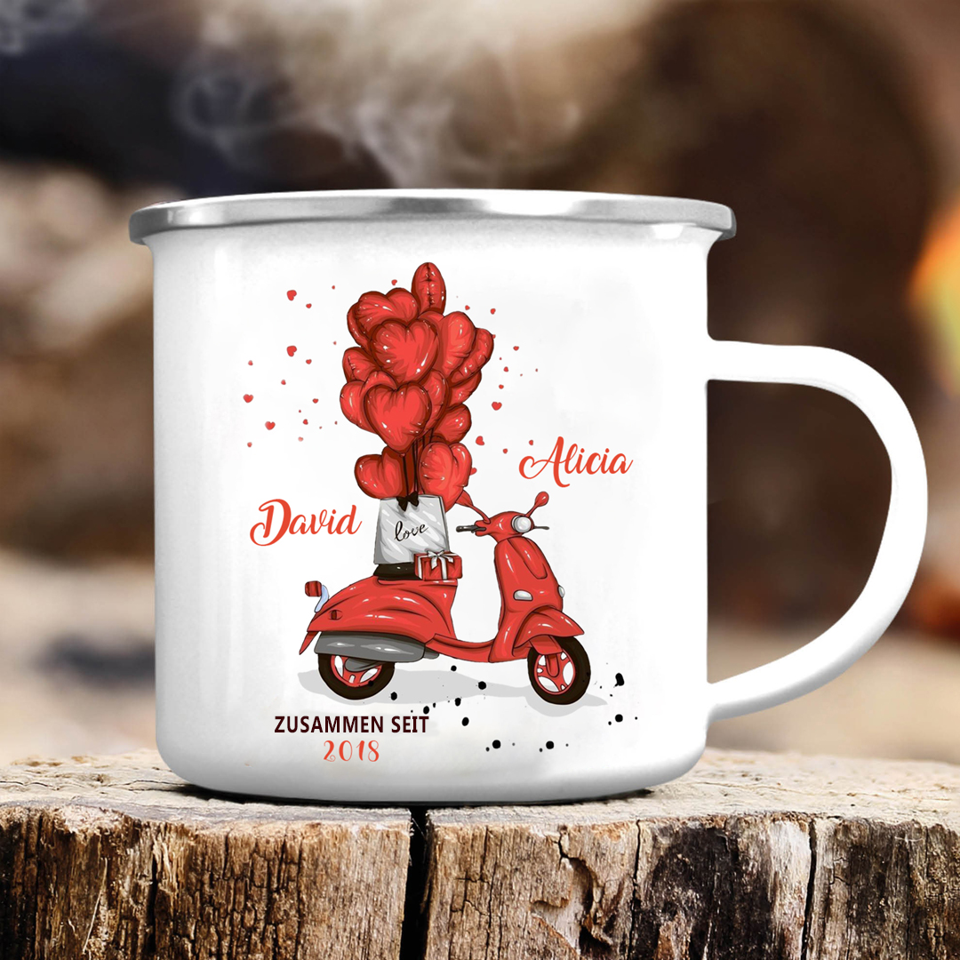 Emaille Tasse-Personalisierte 2 Namen & Text & Jahr Emaille Becher für Paare