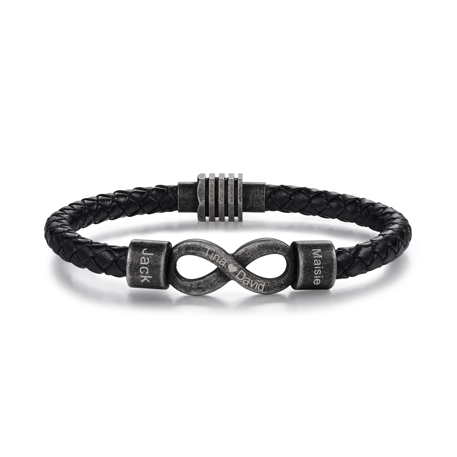 Herren Personalisierte 2 Namen & Text Leder Infinity Armband mit Vintage Edelstahl Perle