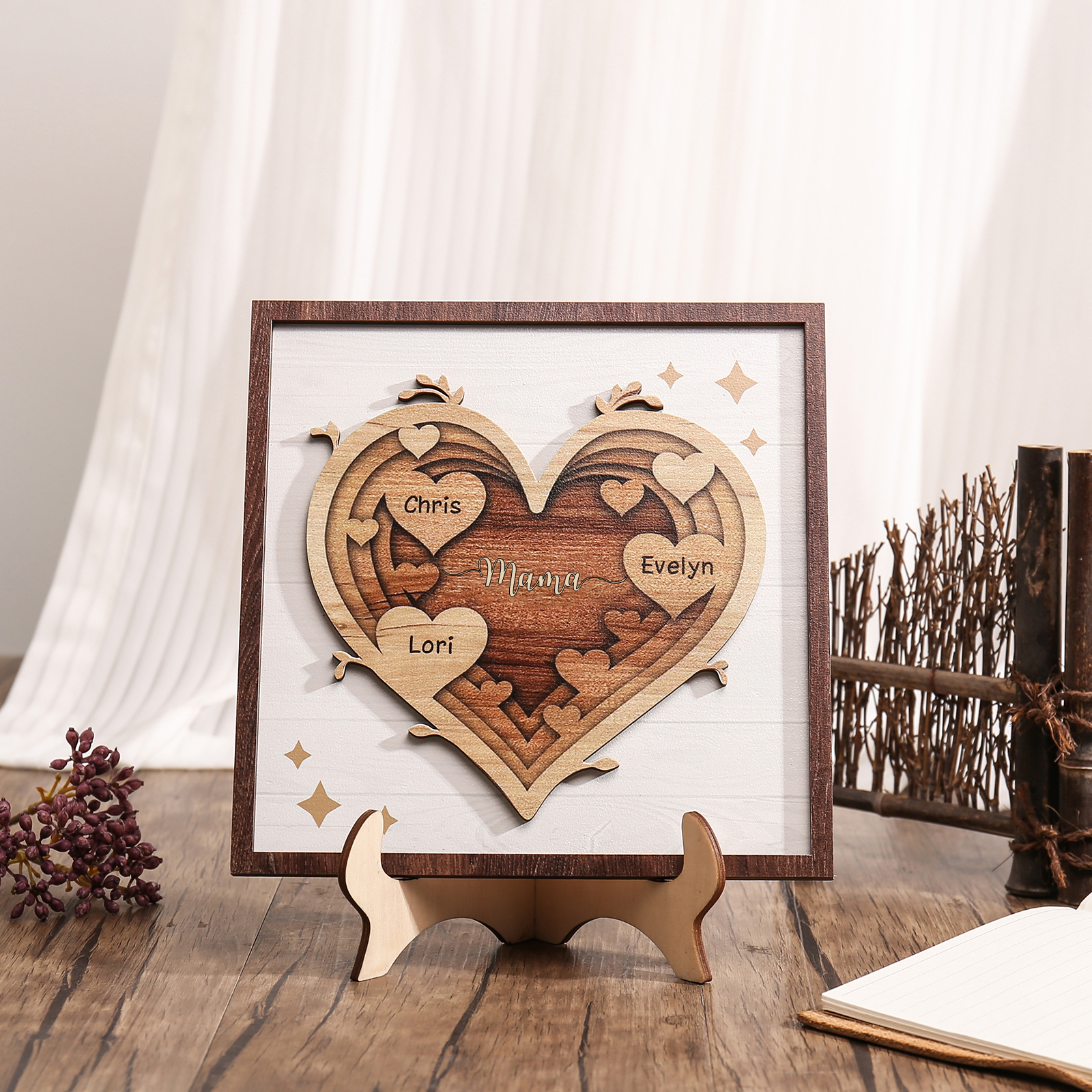 Holz Deko-Personalisierbare 3 Namen Ornament Mama Herz Holzdekoration für Mutter – Kettenmachen