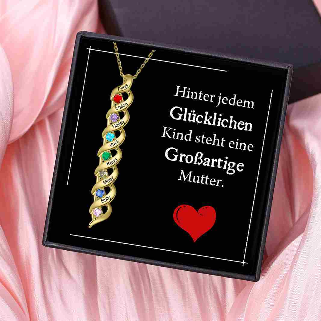 Personalisierte DNA-Halskette mit 2–7 Namen und Geburtssteinen – Bedeutungsvolles Geschenk mit Nachrichtenkarte