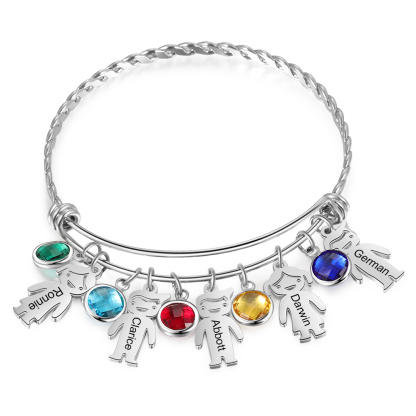 Personalisierte 5 Namen Kinder-Charm Armreif mit 5 Geburtssteinen