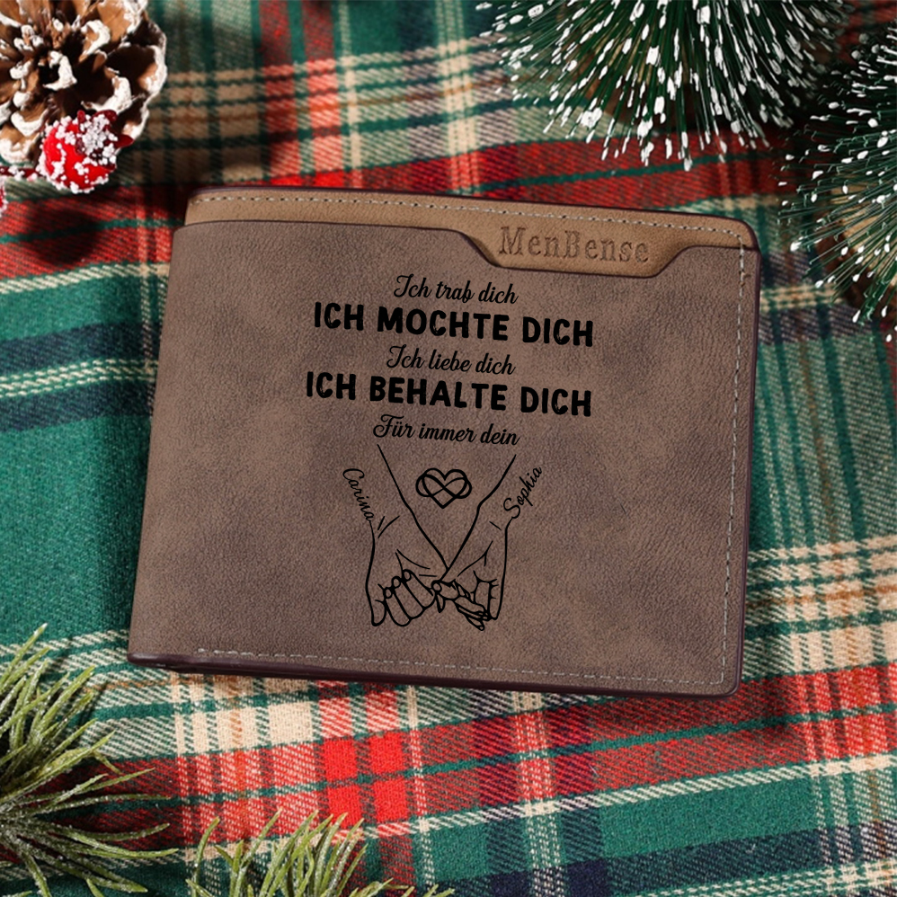 Personalisierte Lederbörse für Herren mit Gravur – Namen & Kalenderdatum und Pinky-Promise-Motiv