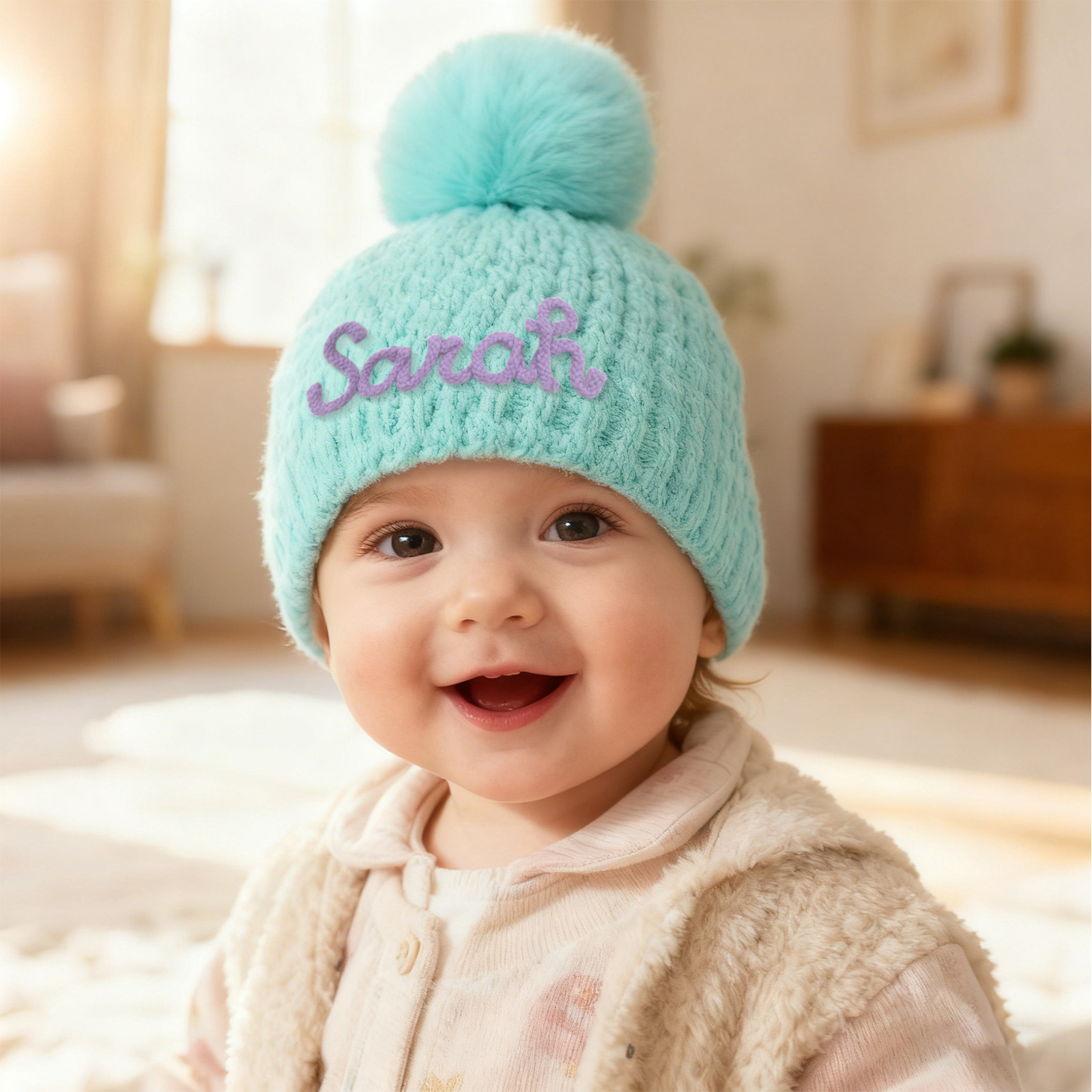 Personalisierte Baby-Strickmütze mit Pompon – handbestickte Wintermütze für Kinder