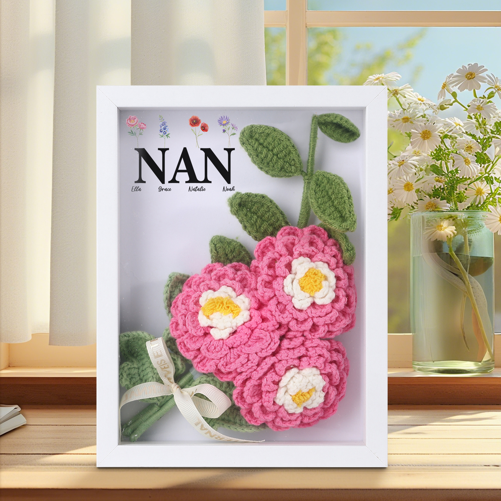 Personalisierter 3D-Rahmen mit Häkelblumen, Namen & Wunschtext – Handgefertigtes Geschenk für Mama & Oma