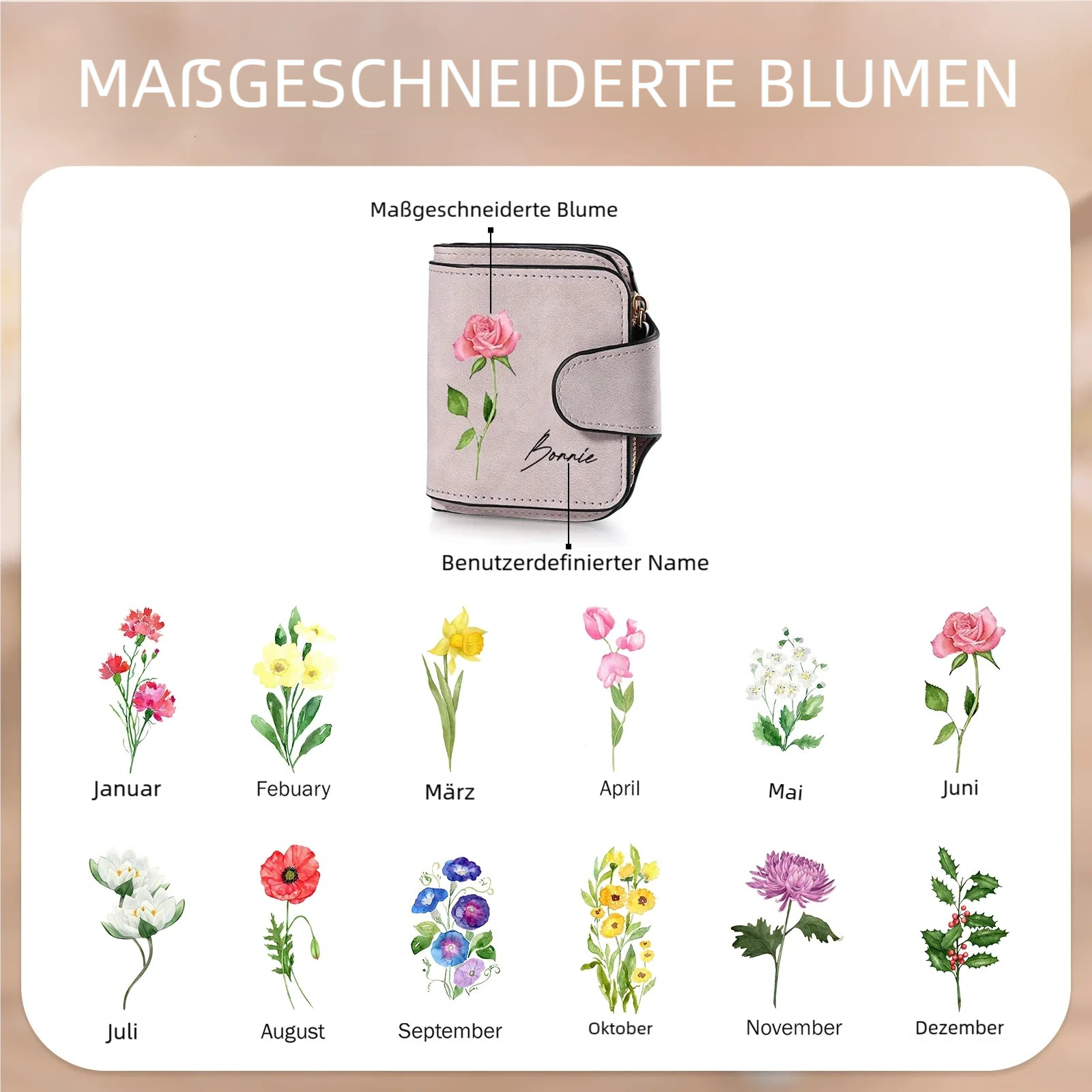 Damen Mini-Geldbörse Blume & Name PU-Leder Geschenke für Frauen